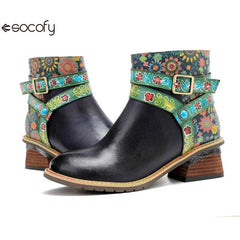Vicconfy Belt Buckle ZIP Genuine leather Flower Splicing British Style Ankle Boots