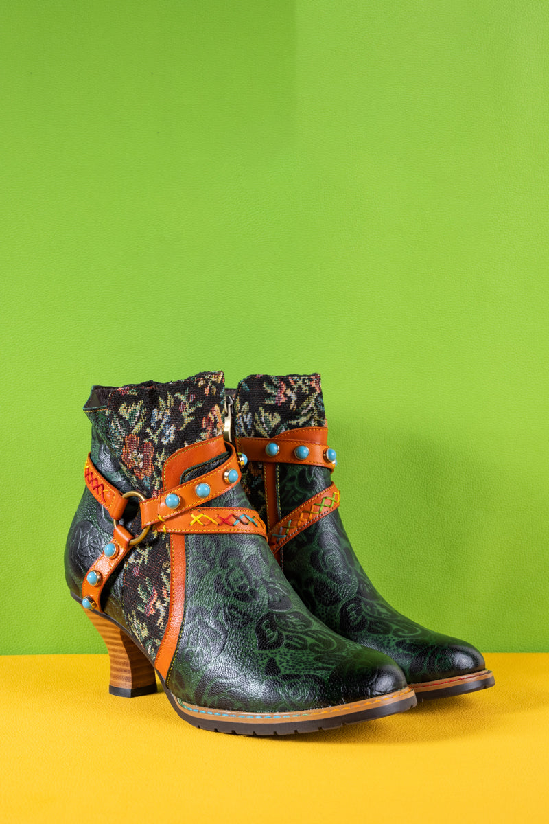 Vicconfy | Arden Vintage Rose Embossed Leather Ankle Bootie