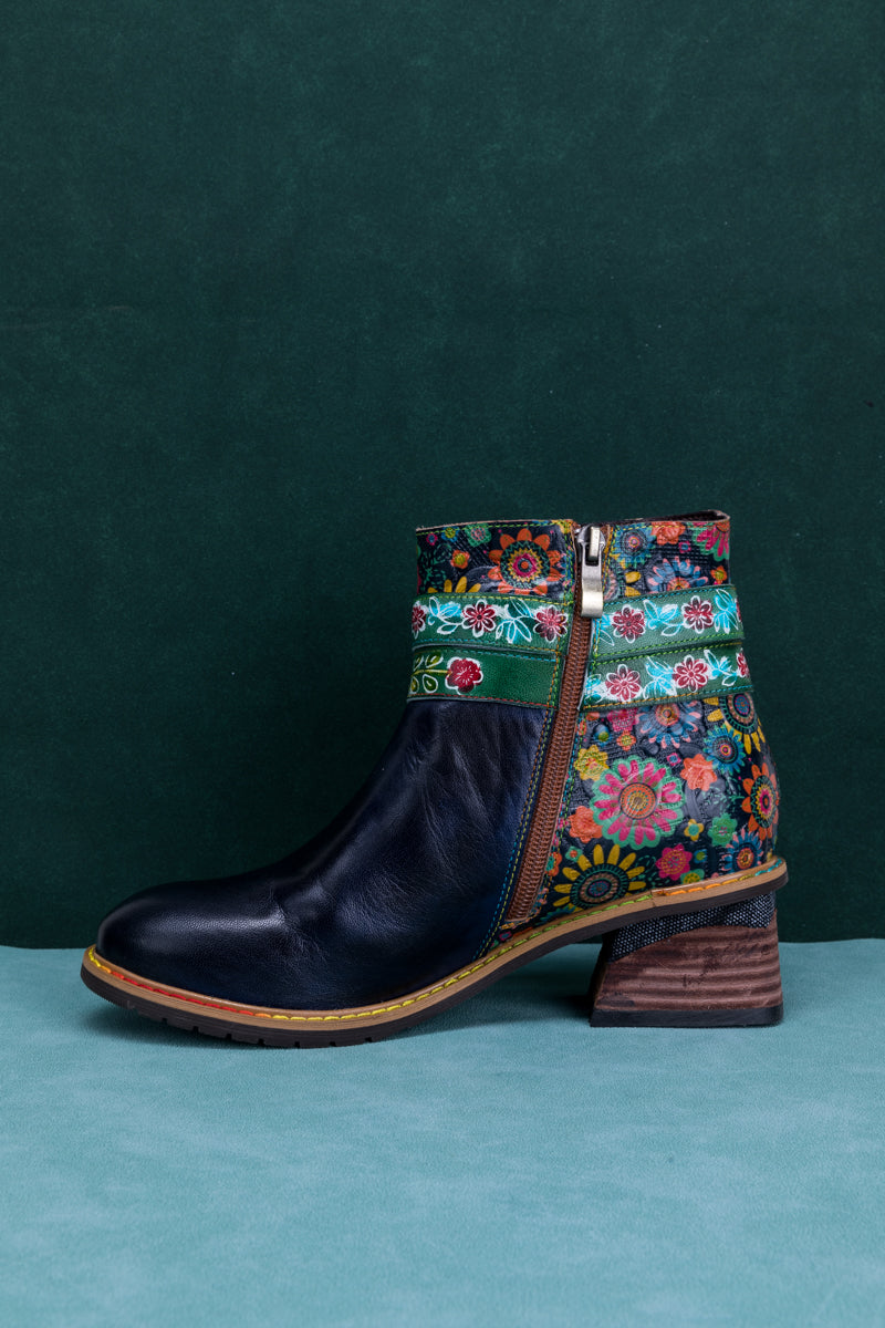 Vicconfy | ABSTRACT FLORAL STRAP LEATHER ANKLE BOOT
