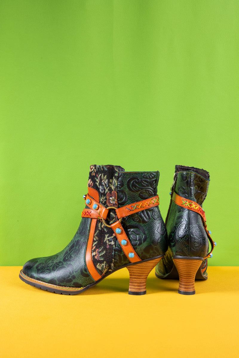 Vicconfy | Arden Vintage Rose Embossed Leather Ankle Bootie