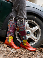 Vicconfy | Cozy Up Abstract Embroidered Leather Knee-High Boots