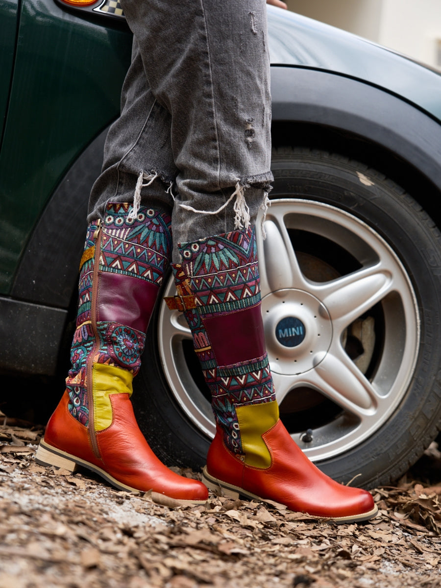 Vicconfy | Cozy Up Abstract Embroidered Leather Knee-High Boots