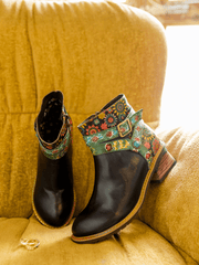 Vicconfy | ABSTRACT FLORAL STRAP LEATHER ANKLE BOOT
