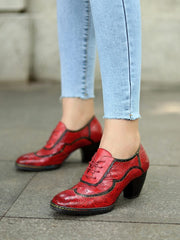 Vicconfy | Floral Embossed Leather Oxford Pumps