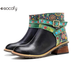 Vicconfy Belt Buckle ZIP Genuine leather Flower Splicing British Style Ankle Boots