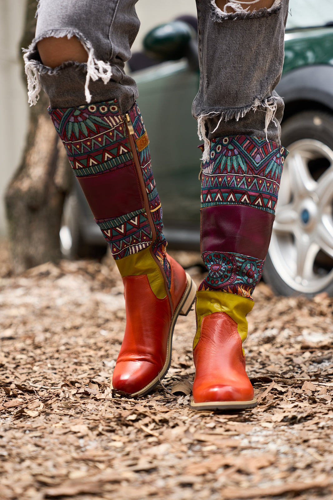 Vicconfy | Cozy Up Abstract Embroidered Leather Knee-High Boots
