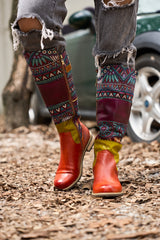 Vicconfy | Cozy Up Abstract Embroidered Leather Knee-High Boots