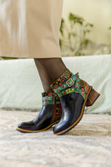 Vicconfy | ABSTRACT FLORAL STRAP LEATHER ANKLE BOOT