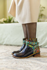 Vicconfy | ABSTRACT FLORAL STRAP LEATHER ANKLE BOOT