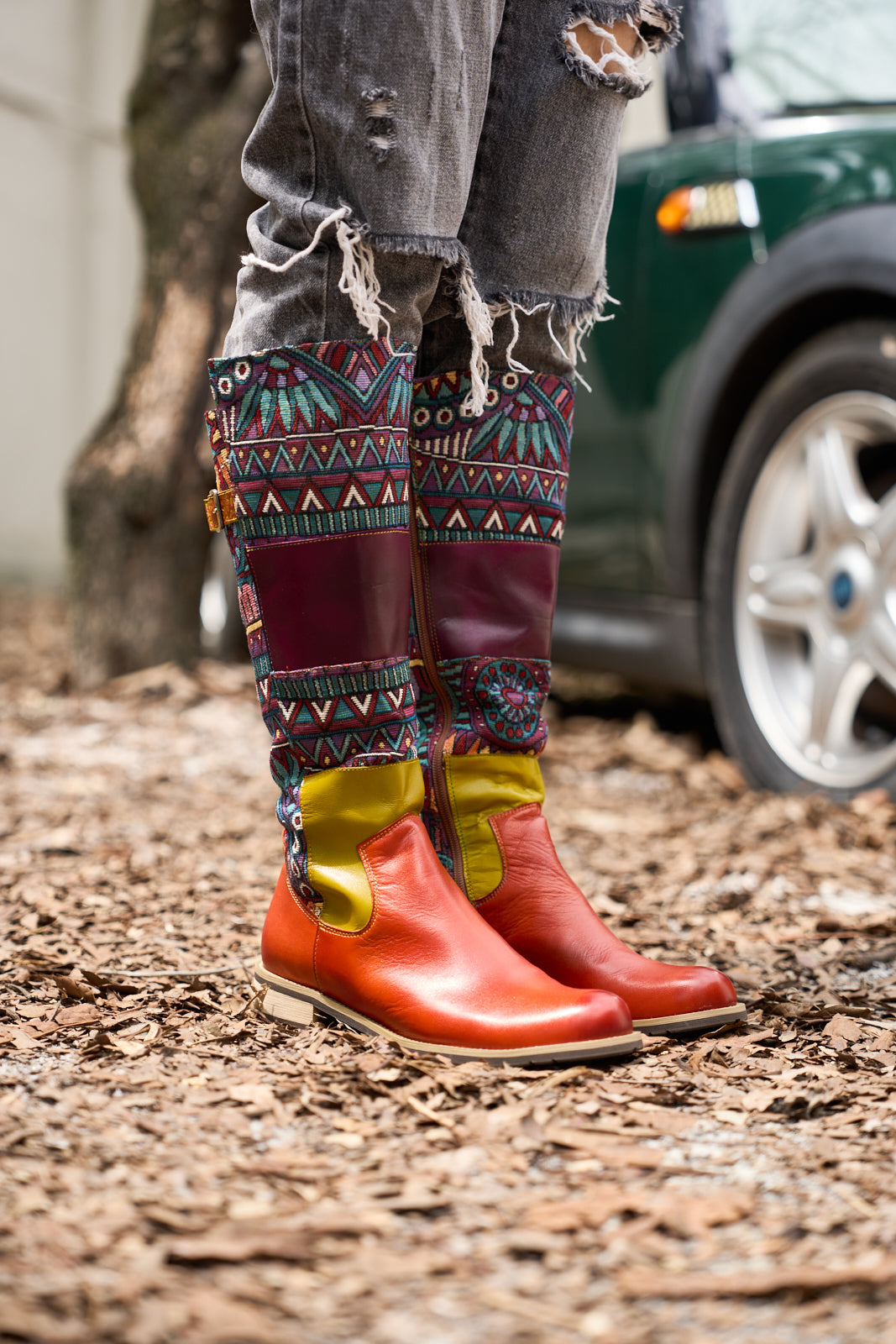 Vicconfy | Cozy Up Abstract Embroidered Leather Knee-High Boots