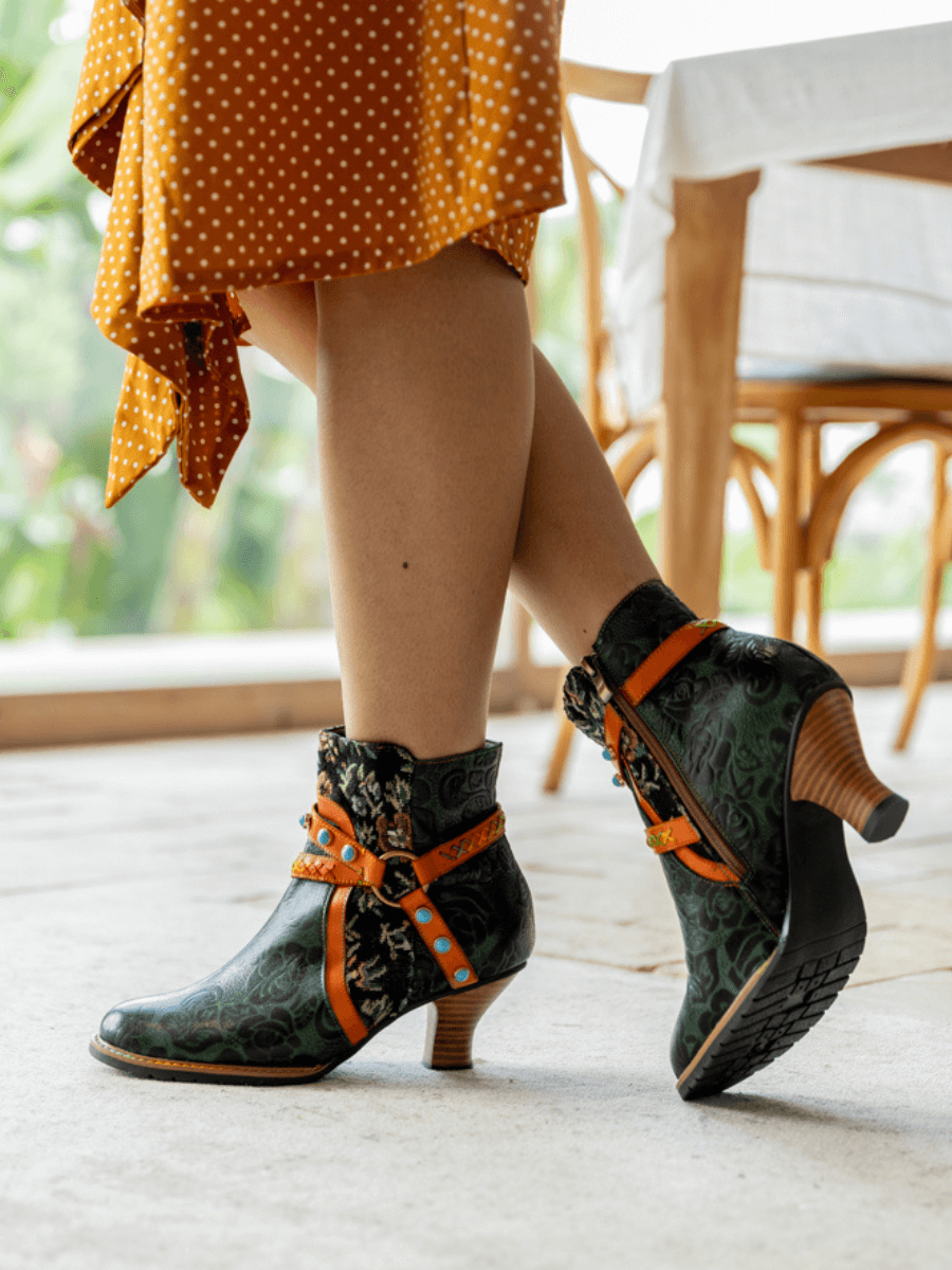 Vicconfy | Arden Vintage Rose Embossed Leather Ankle Bootie