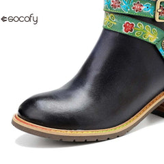 Vicconfy Belt Buckle ZIP Genuine leather Flower Splicing British Style Ankle Boots