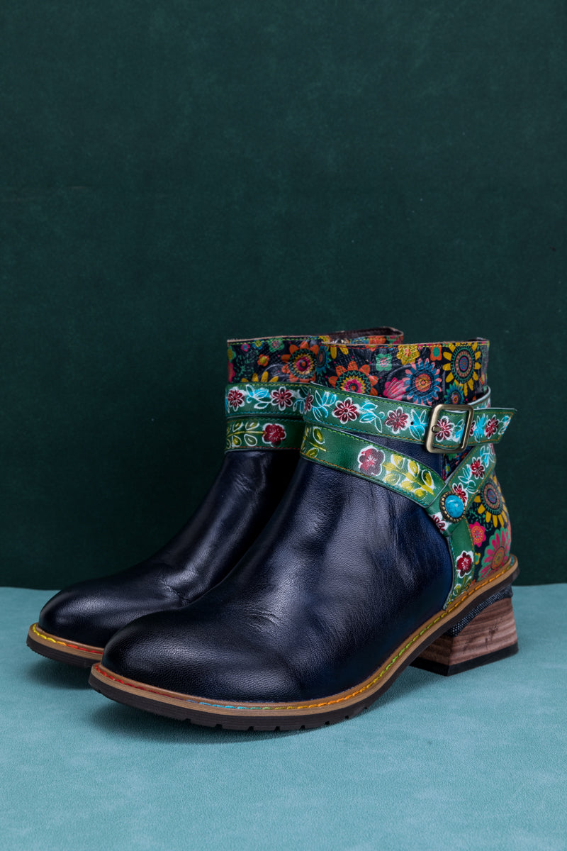 Vicconfy | ABSTRACT FLORAL STRAP LEATHER ANKLE BOOT