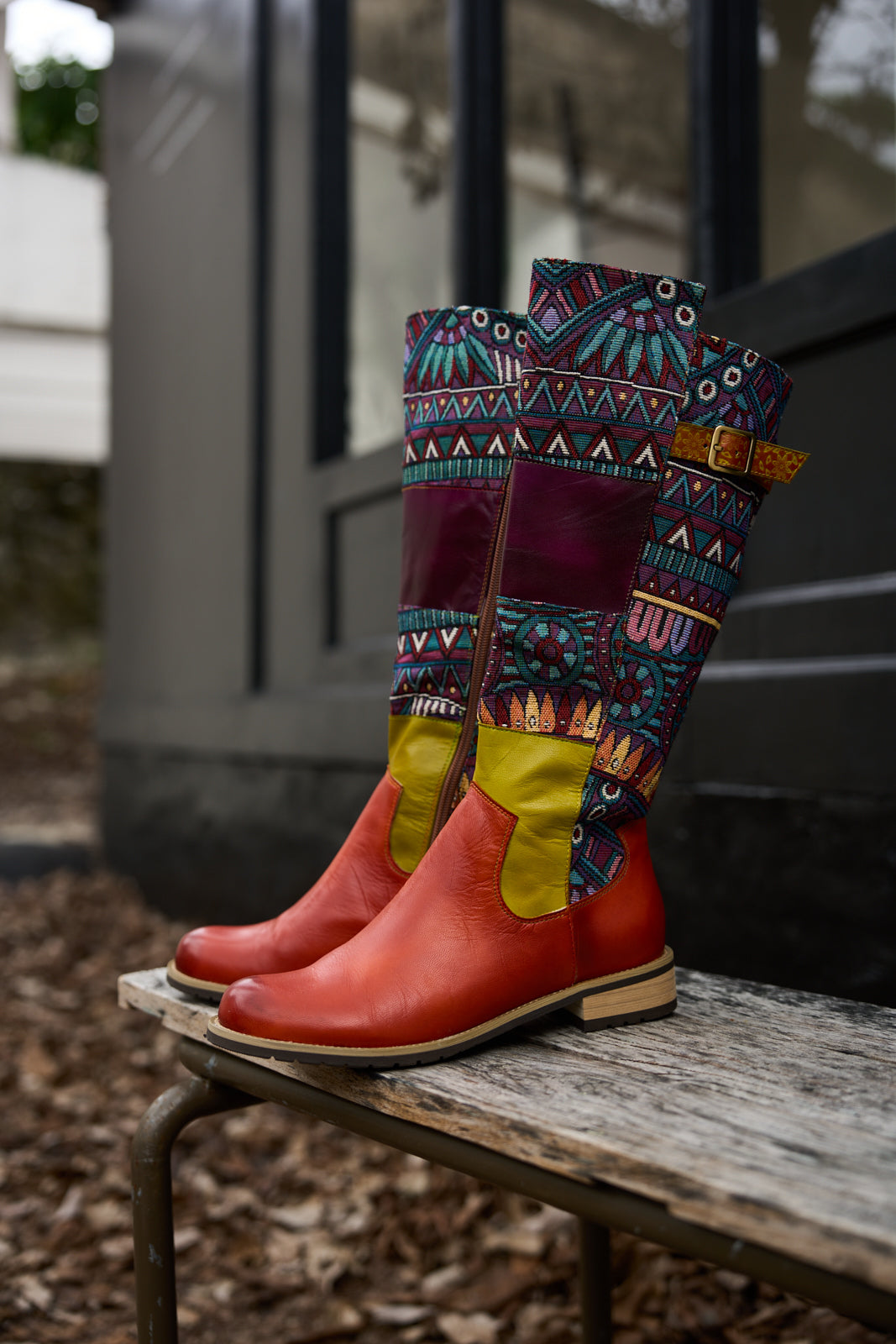 Vicconfy | Cozy Up Abstract Embroidered Leather Knee-High Boots