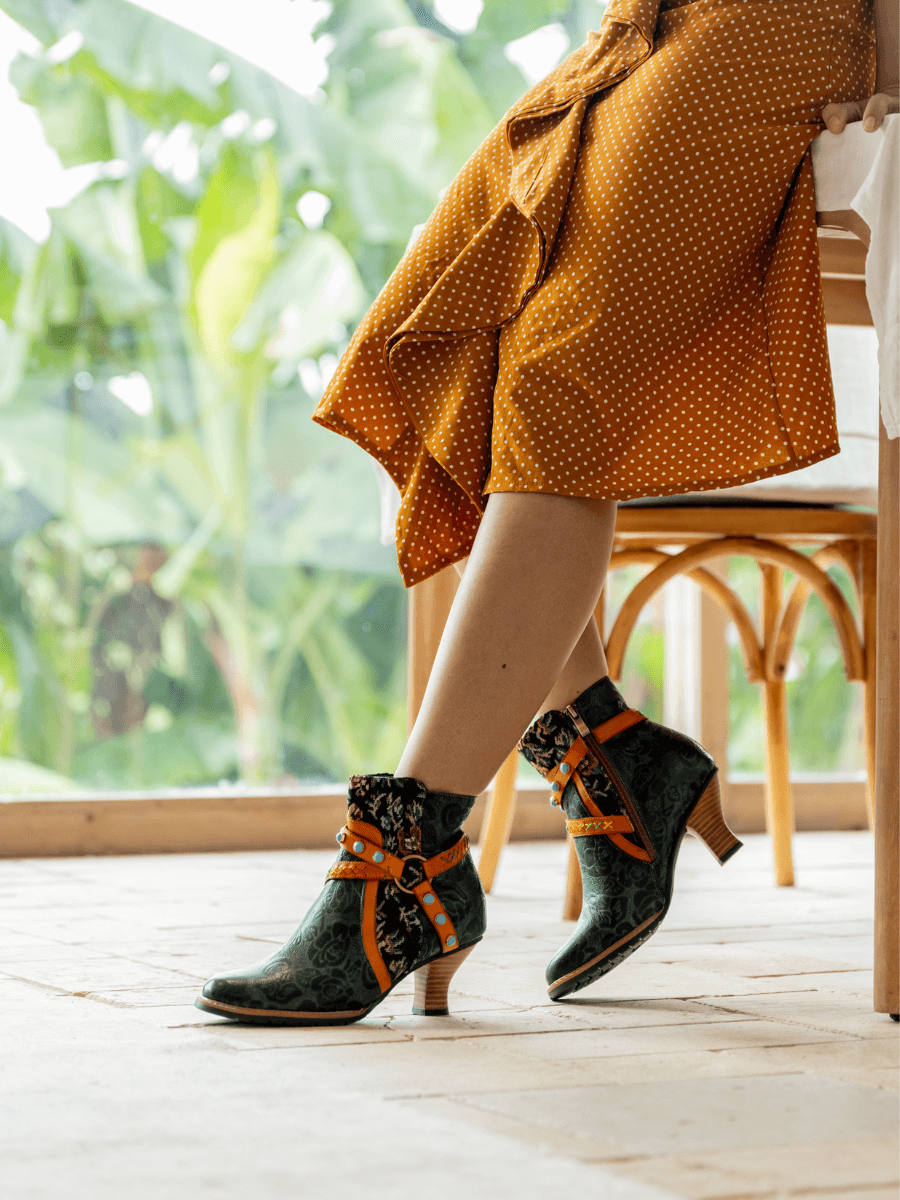 Vicconfy | Arden Vintage Rose Embossed Leather Ankle Bootie