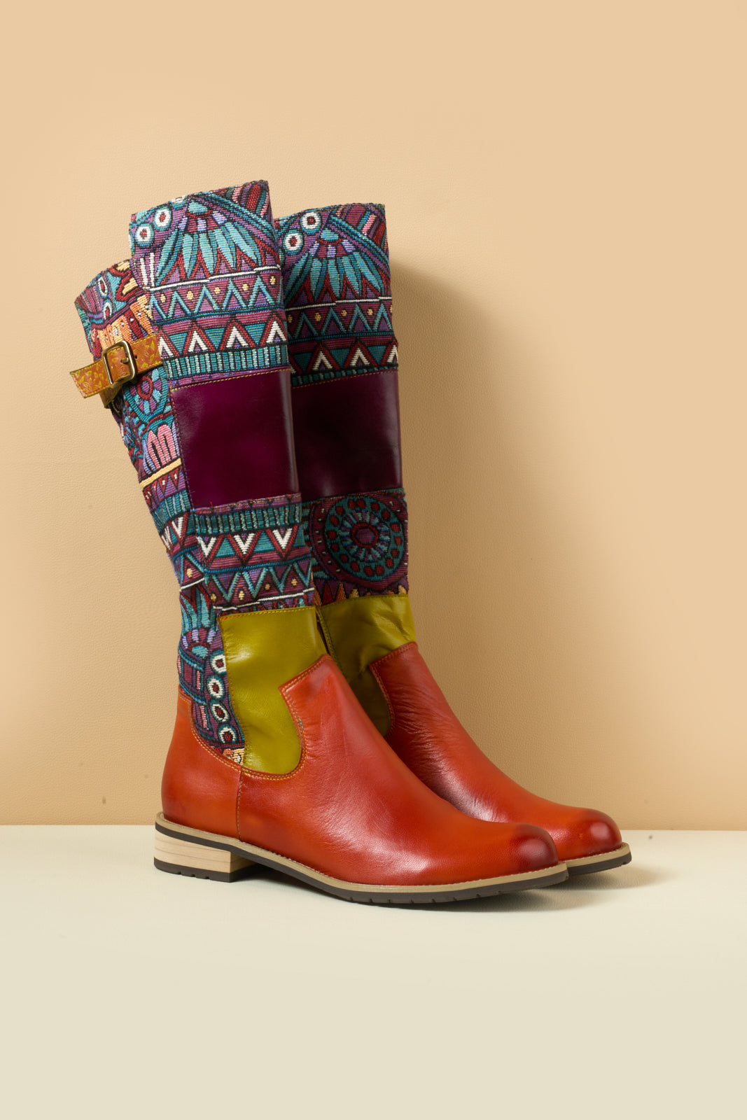 Vicconfy | Cozy Up Abstract Embroidered Leather Knee-High Boots
