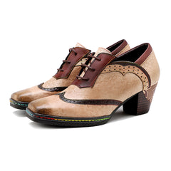 Vicconfy | Genuine Leather Floral Embossed Adele Low Heel Oxford Shoes