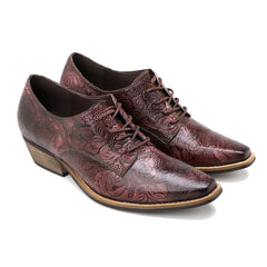 Genuine Leather Block Brogue-Detail Floral Embossed  Oxford Heel Shoes- Vicconfy