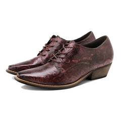 Genuine Leather Block Brogue-Detail Floral Embossed  Oxford Heel Shoes- Vicconfy