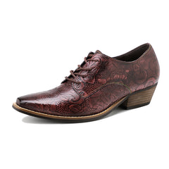 Genuine Leather Block Brogue-Detail Floral Embossed  Oxford Heel Shoes- Vicconfy
