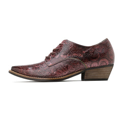 Genuine Leather Block Brogue-Detail Floral Embossed  Oxford Heel Shoes- Vicconfy