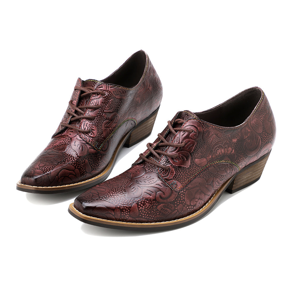 Genuine Leather Block Brogue-Detail Floral Embossed  Oxford Heel Shoes- Vicconfy