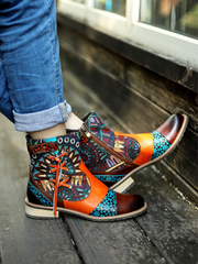 Vicconfy | Aboriginal Art Tassel Leather Ankle Boots