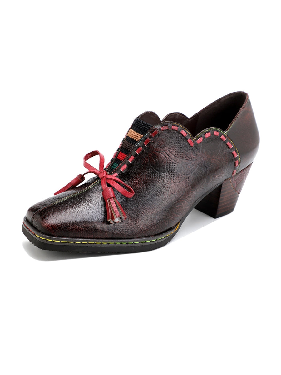 Vicconfy | Curve Ankle Floral Embossed Genuine Leather Loafers