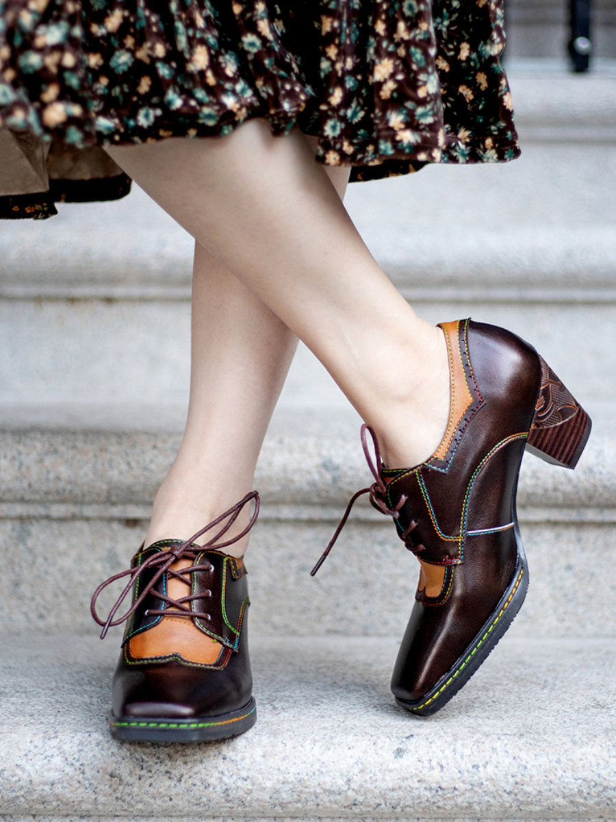 Vicconfy | Genuine Leather Blossom Embossed Oxford