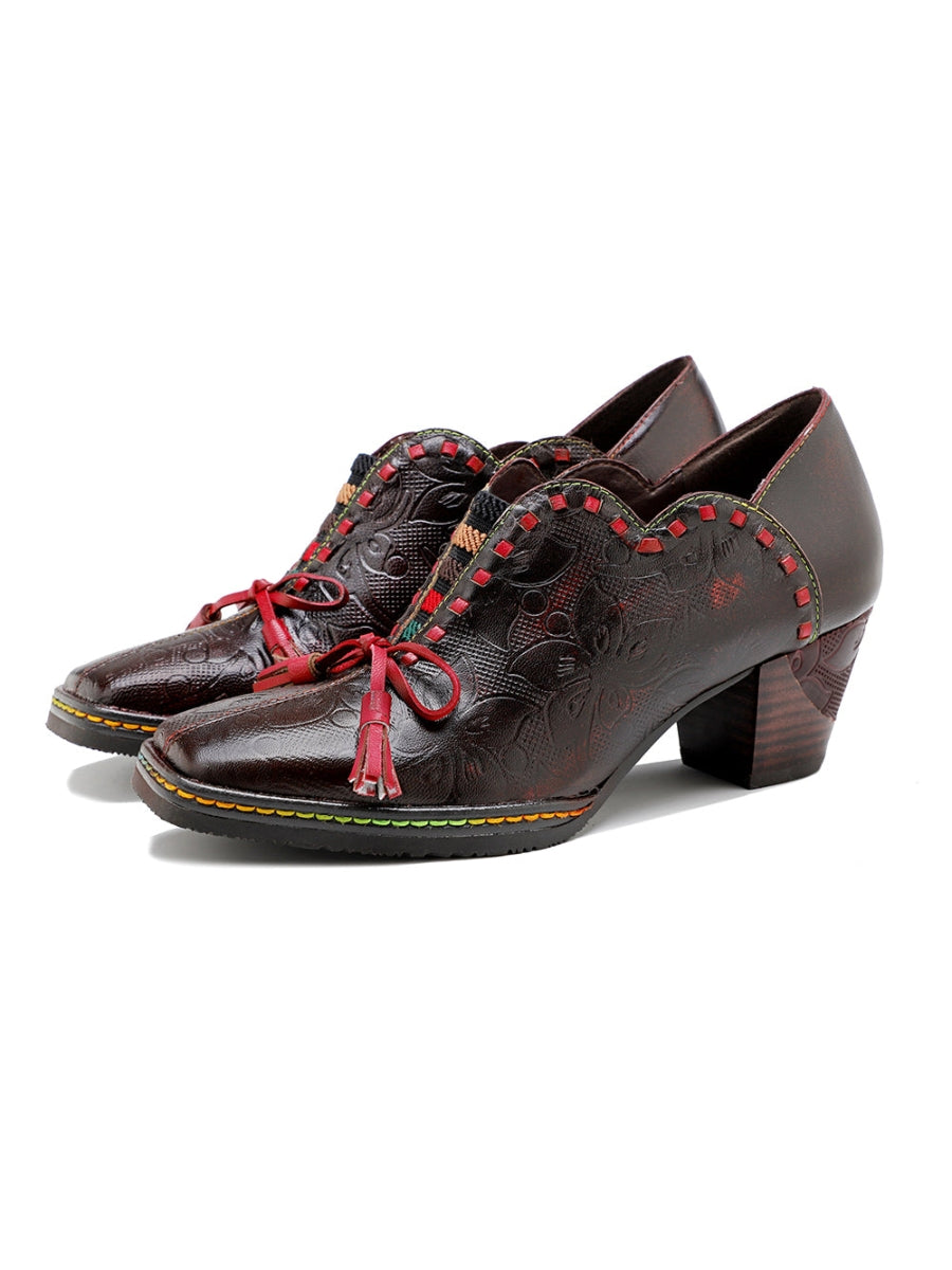 Vicconfy | Curve Ankle Floral Embossed Genuine Leather Loafers