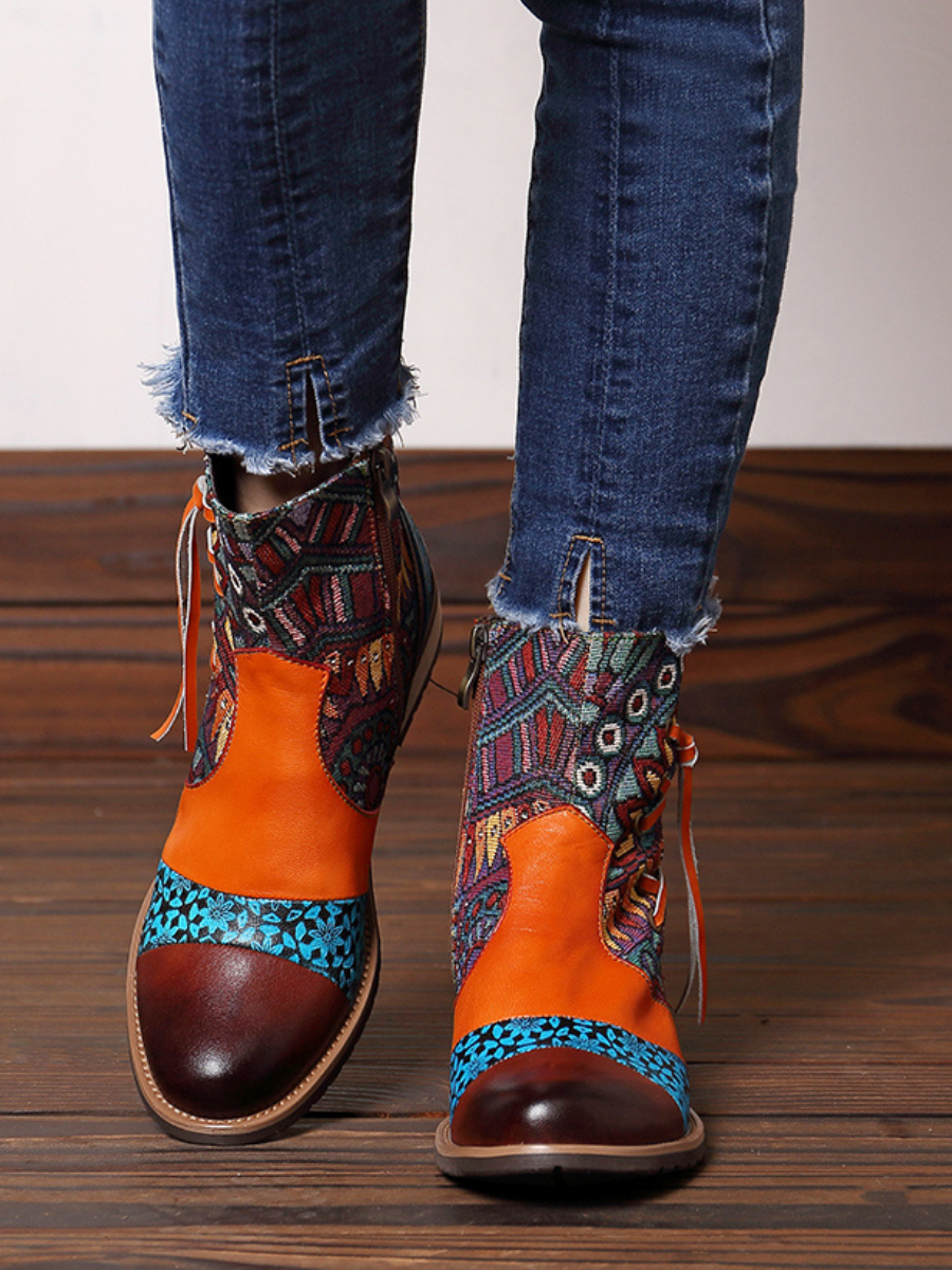 Vicconfy | Aboriginal Art Tassel Leather Ankle Boots