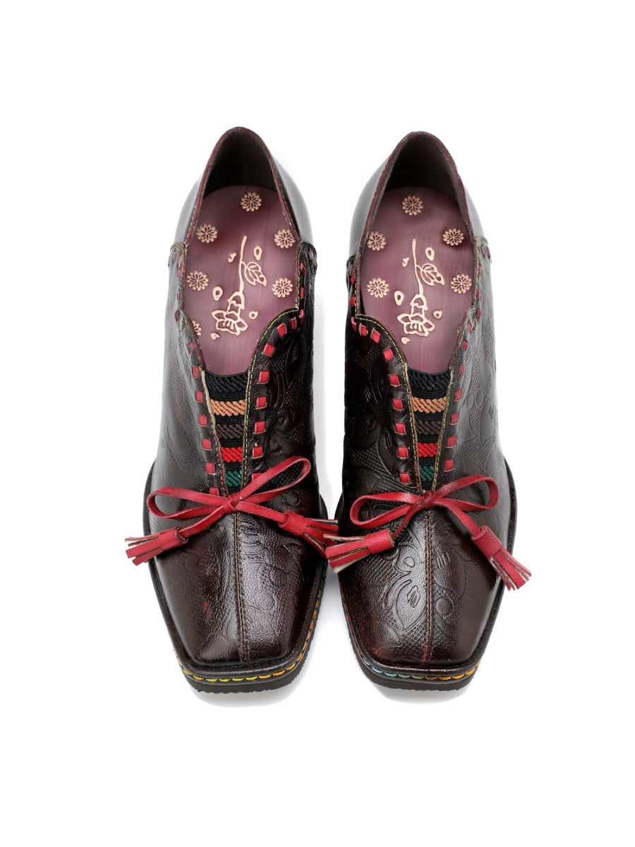 Vicconfy | Curve Ankle Floral Embossed Genuine Leather Loafers