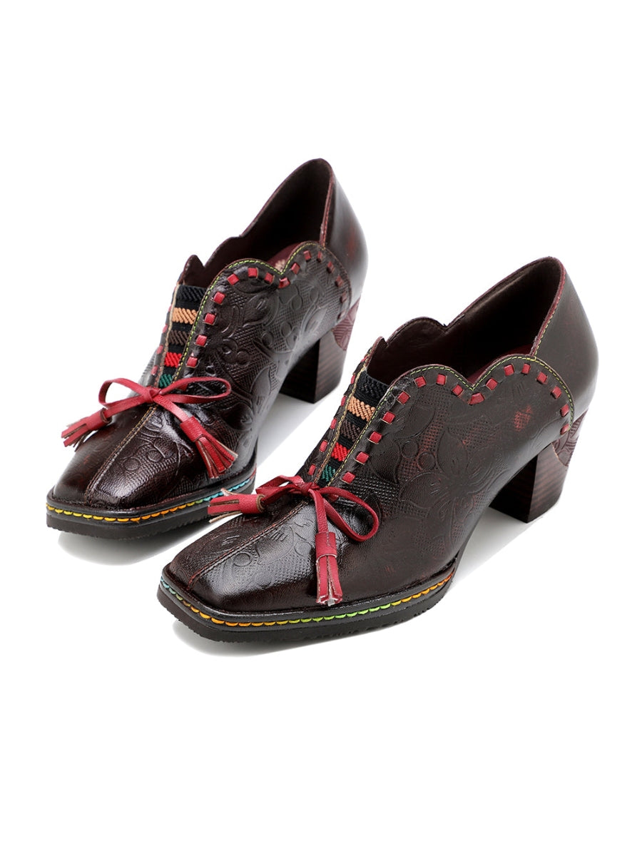 Vicconfy | Curve Ankle Floral Embossed Genuine Leather Loafers