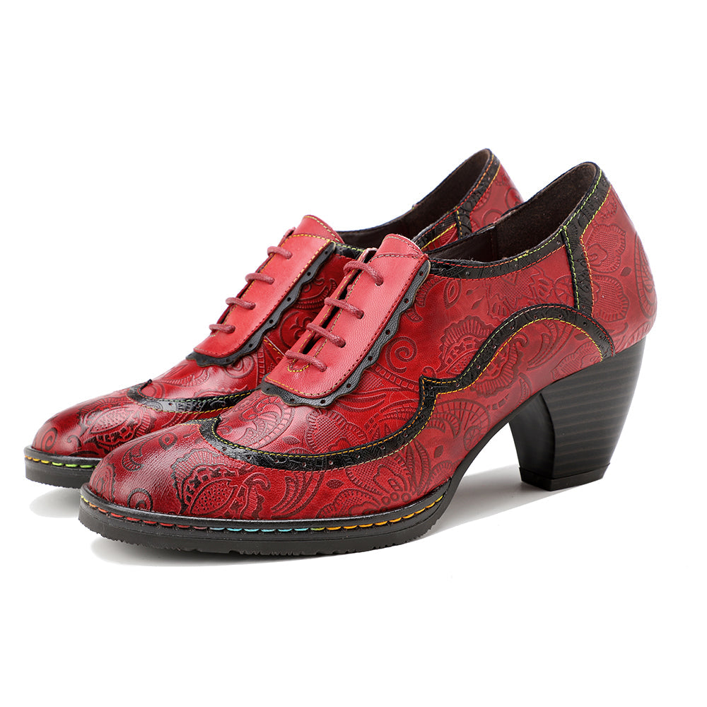 Vicconfy | Floral Embossed Leather Oxford Pumps