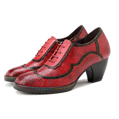 Vicconfy | Floral Embossed Leather Oxford Pumps
