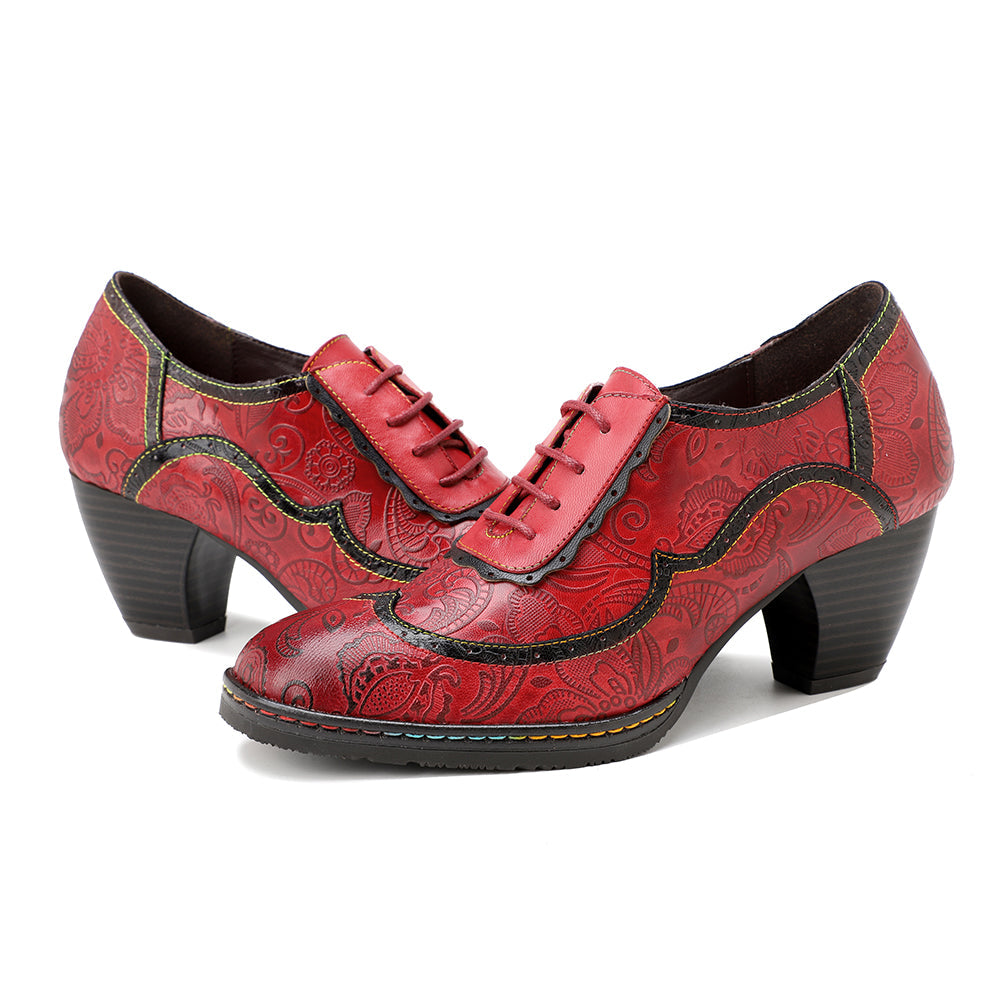 Vicconfy | Floral Embossed Leather Oxford Pumps