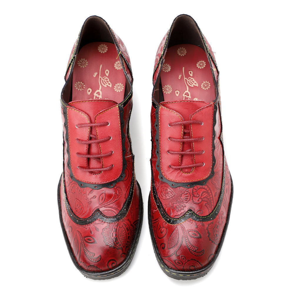 Vicconfy | Floral Embossed Leather Oxford Pumps