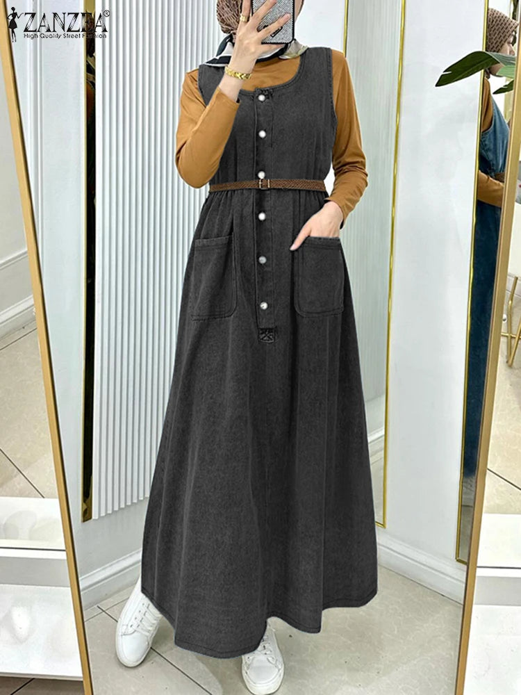 ZANZEA Muslim Women Denim Suspender Dress Islamic Hijab U Neck Sleeveless Abaya Robes Loose Casual Front Pockets A-line Vestidos