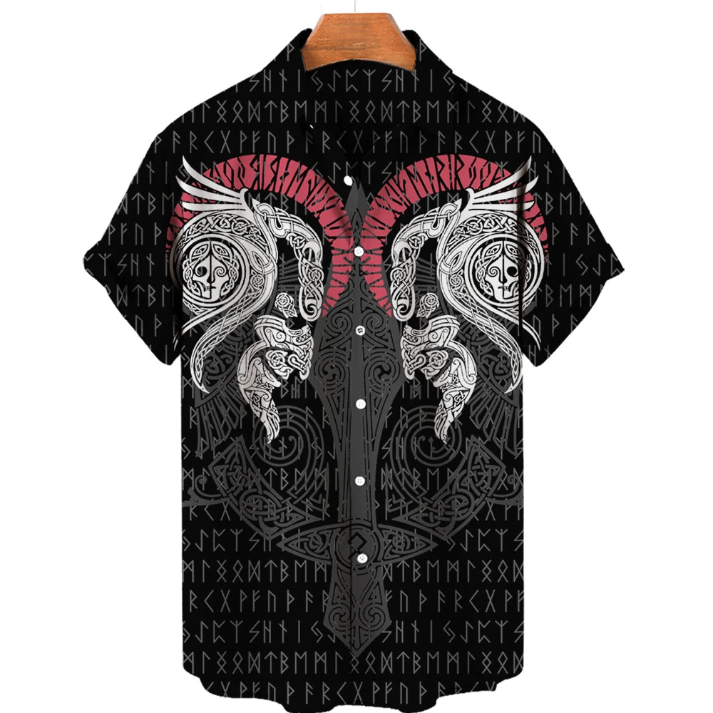 Summer Men's Hawaiian Shirt Fashion Ocean Adventure Viking Print Oversized O Neck Short Sleeve