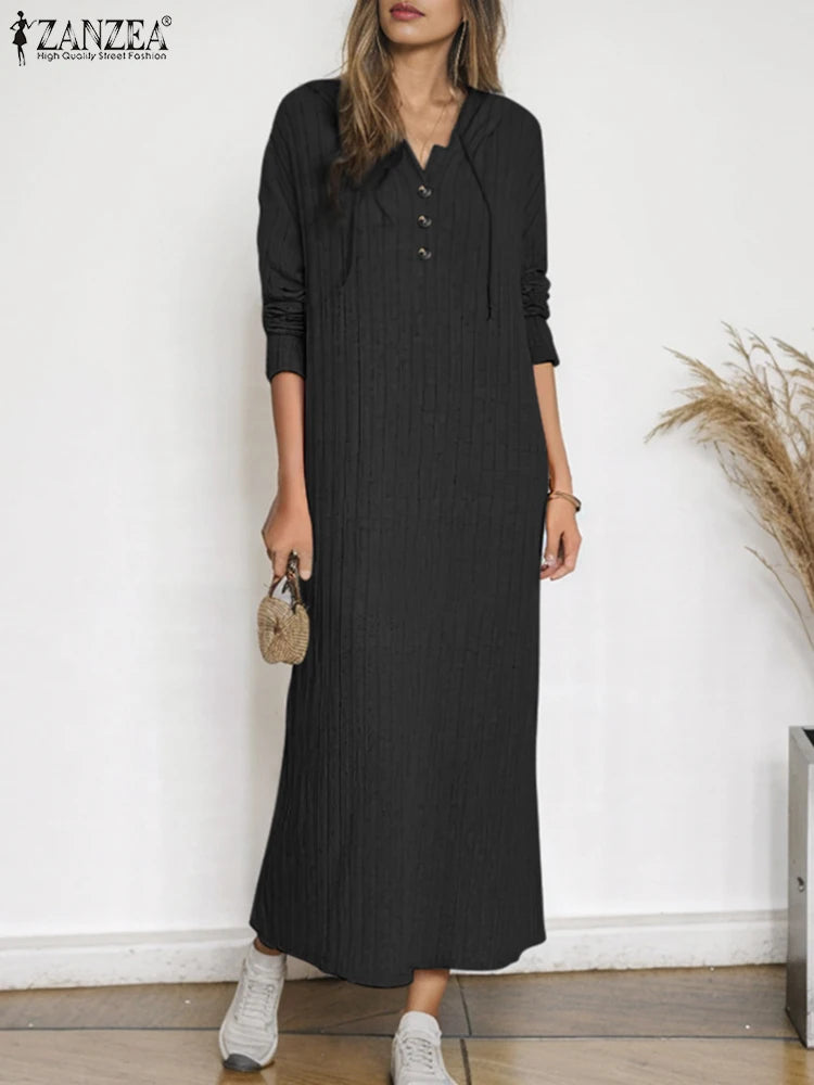 ZANZEA 2024 Fashion Drop-shoulder Hoodies Dress Fall Winter V Neck Long Sleeve Hooded Maxi Dresses Loose Casual Women Vestidos