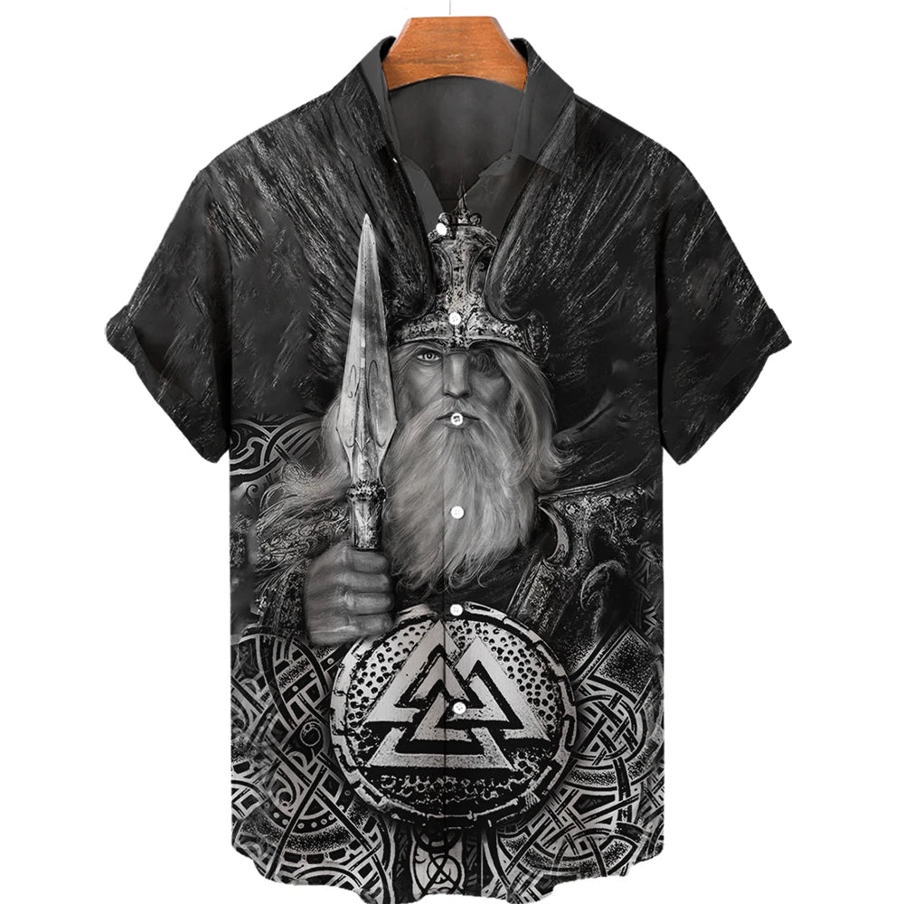 Summer Men's Hawaiian Shirt Fashion Ocean Adventure Viking Print Oversized O Neck Short Sleeve