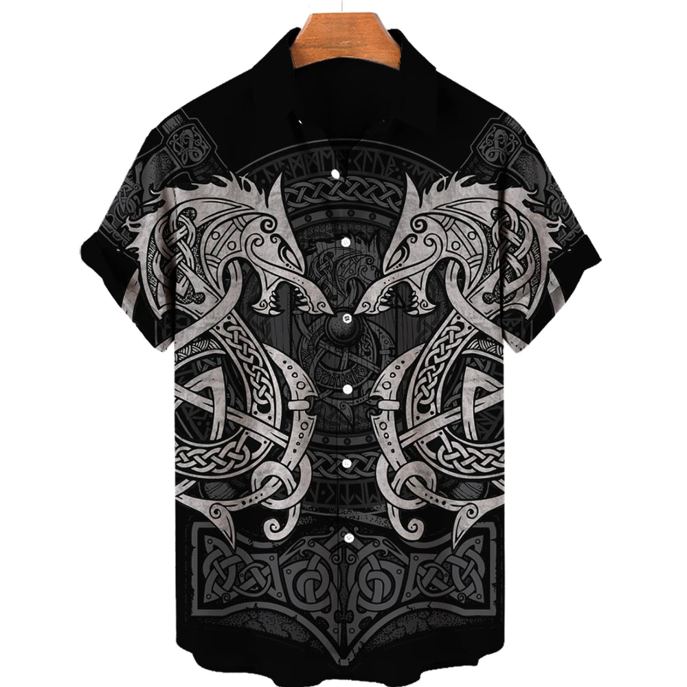 Summer Men's Hawaiian Shirt Fashion Ocean Adventure Viking Print Oversized O Neck Short Sleeve