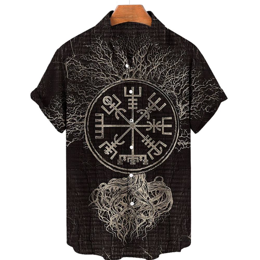 Summer Men's Hawaiian Shirt Fashion Ocean Adventure Viking Print Oversized O Neck Short Sleeve