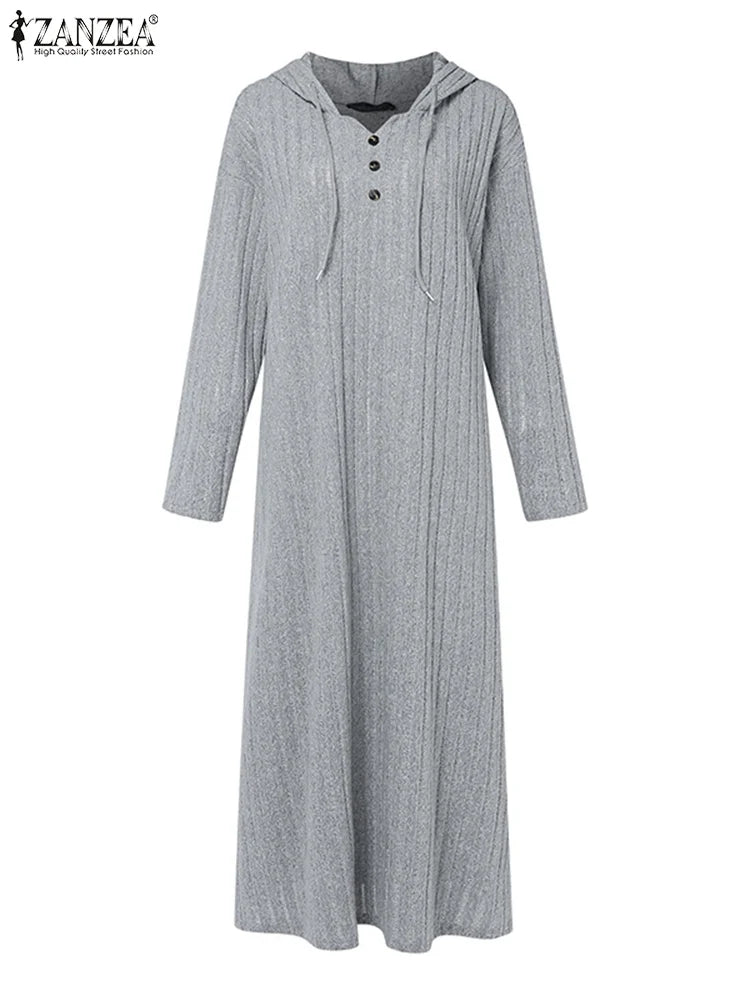 ZANZEA 2024 Fashion Drop-shoulder Hoodies Dress Fall Winter V Neck Long Sleeve Hooded Maxi Dresses Loose Casual Women Vestidos