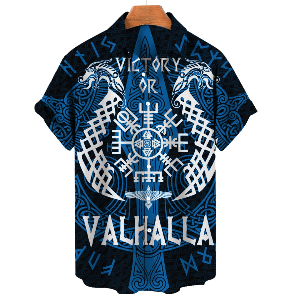 Summer Men's Hawaiian Shirt Fashion Ocean Adventure Viking Print Oversized O Neck Short Sleeve