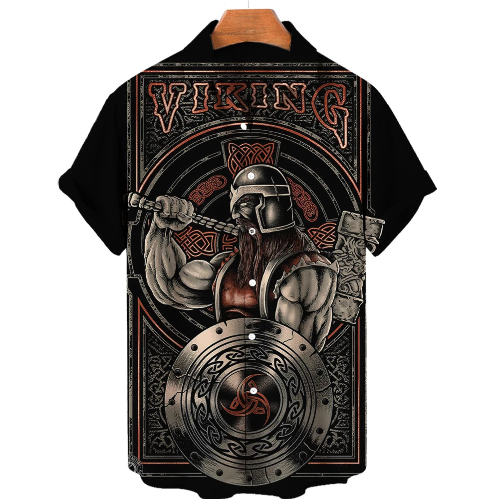 Summer Men's Hawaiian Shirt Fashion Ocean Adventure Viking Print Oversized O Neck Short Sleeve