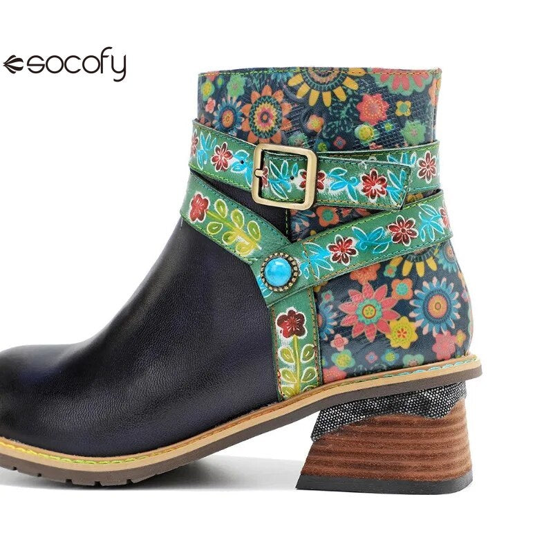 Vicconfy Belt Buckle ZIP Genuine leather Flower Splicing British Style Ankle Boots